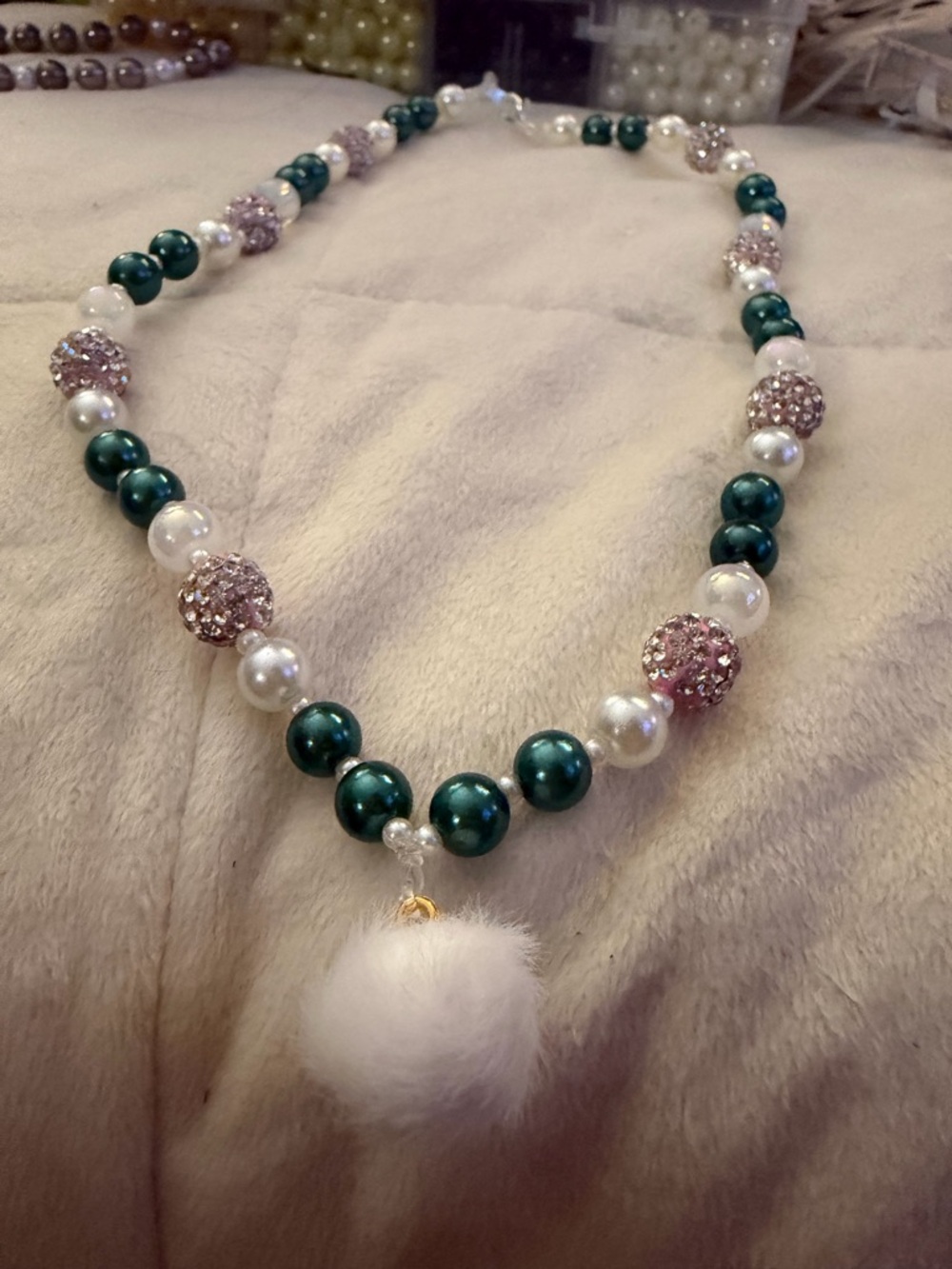 Pearl & Emerald Bead Necklace with Pink Crystal Accents and White Pom-Pom
